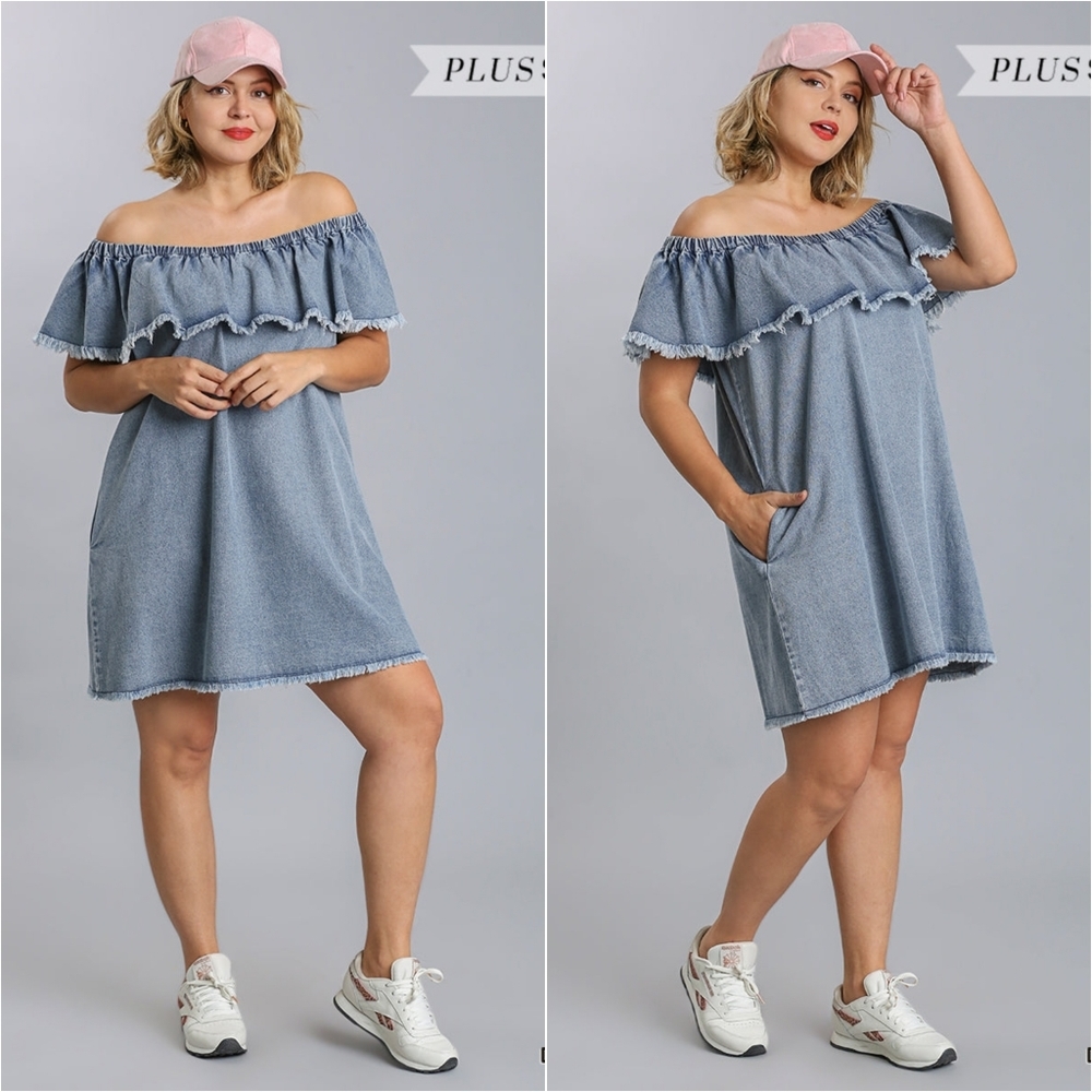 Off Shoulder Ruffled Denim Dress - Picture 2 of 10